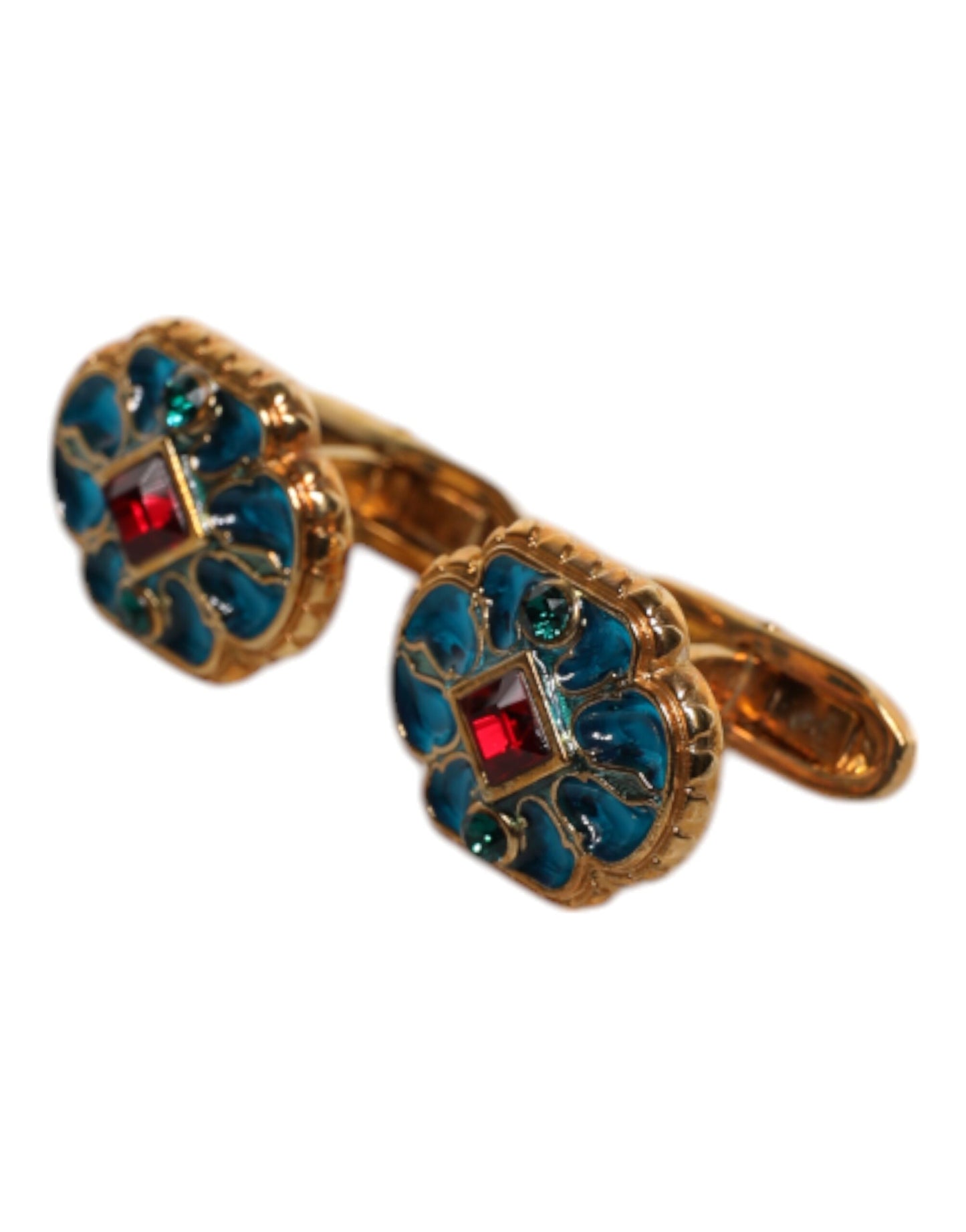 Dolce & Gabbana Gold Messing Blau emaillierte Blume Manschettenknopf
