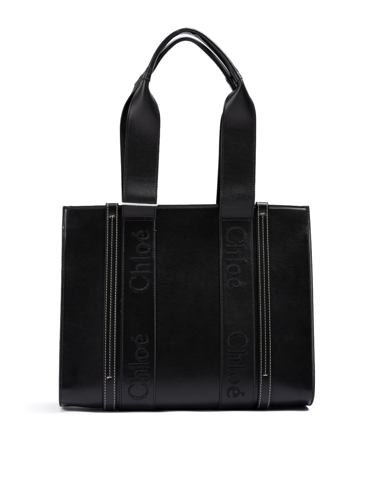 Chloé Schwarze Ledertasche mit gesticktem Woody-Logo (Medium Tote Bag)
