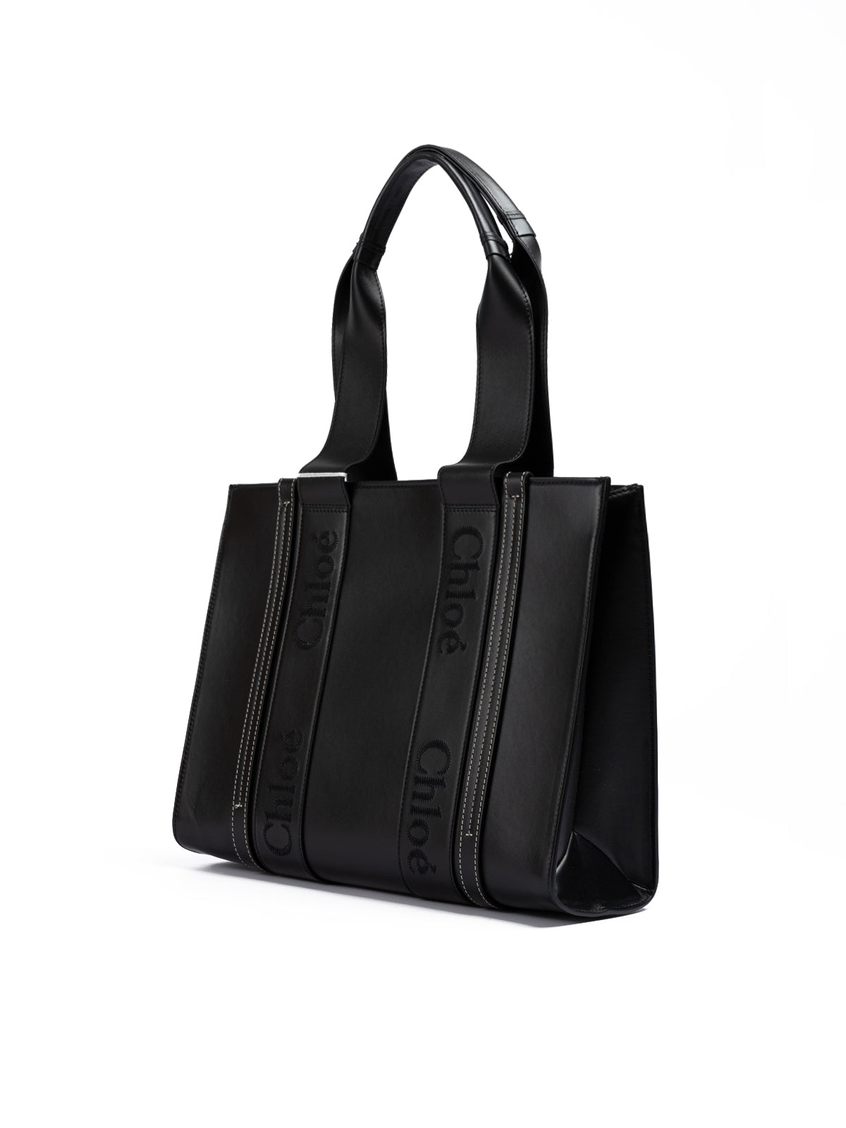 Chloé Schwarze Ledertasche mit gesticktem Woody-Logo (Medium Tote Bag)