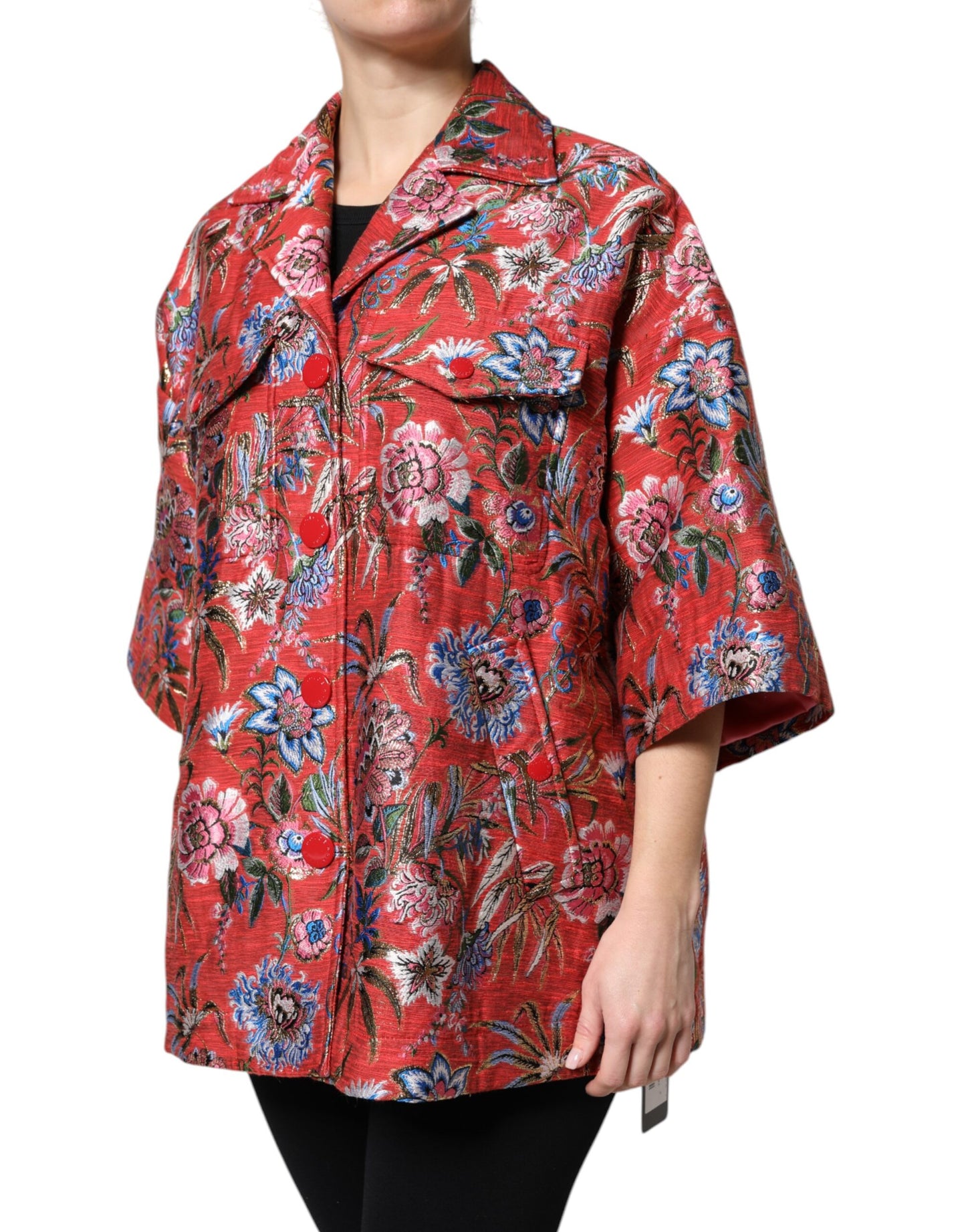 Dolce & Gabbana Roter geblümter Jacquard-Mantel mit Knopfleiste Jacke