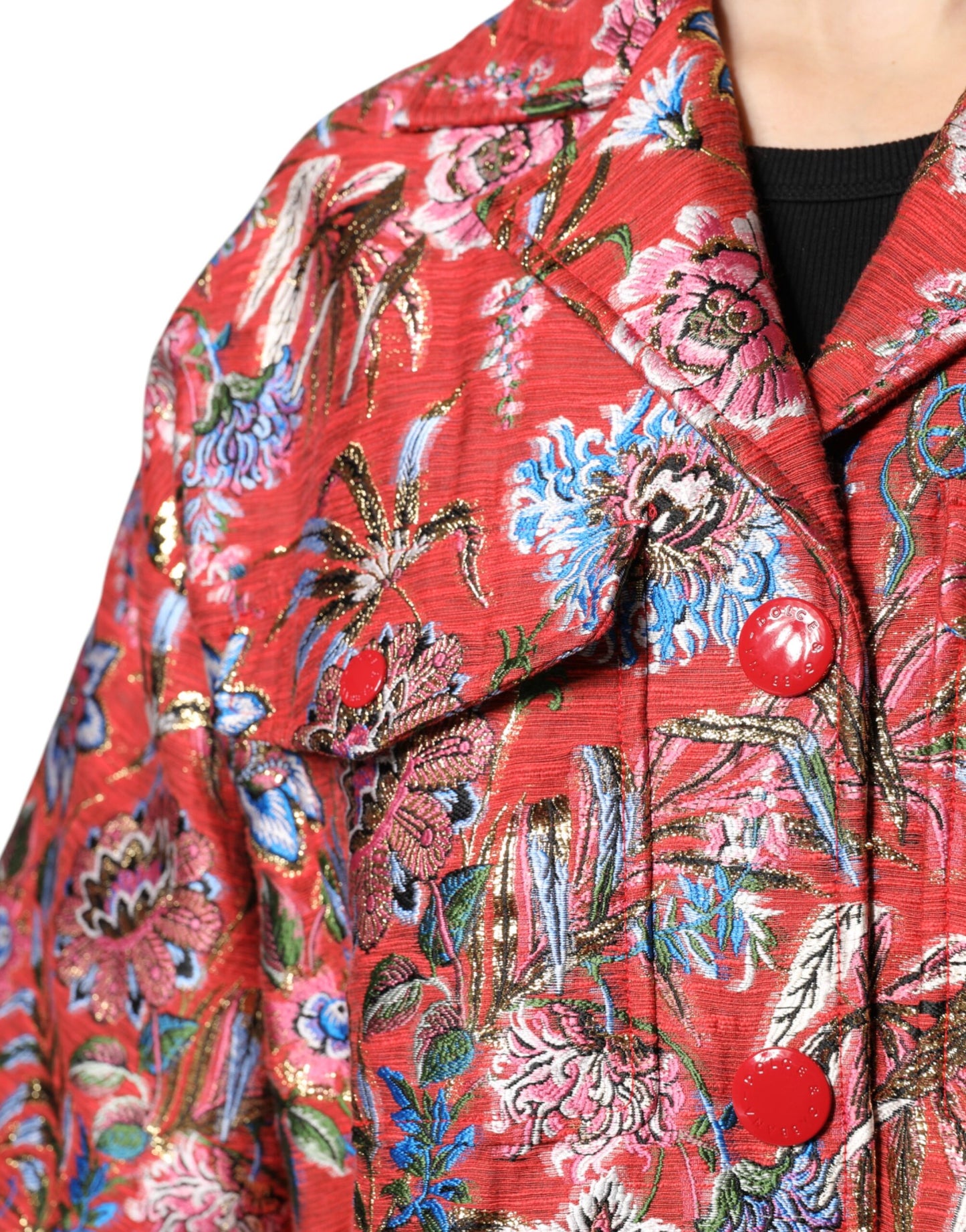Dolce & Gabbana Roter geblümter Jacquard-Mantel mit Knopfleiste Jacke