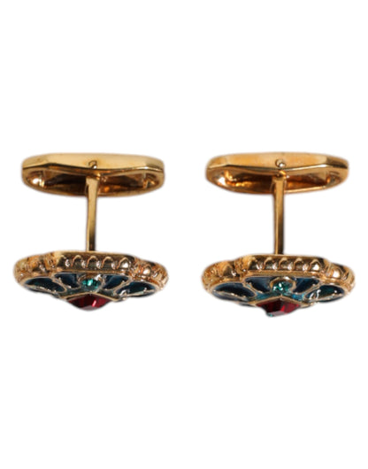 Dolce & Gabbana Gold Messing Blau emaillierte Blume Manschettenknopf