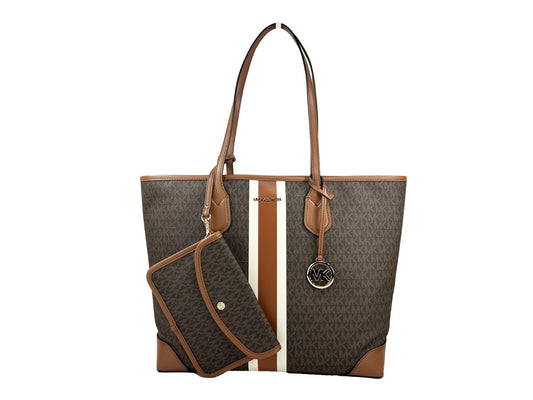Michael Kors Eva Large Stripe Travel Tote Bag Plus Pouch Braun