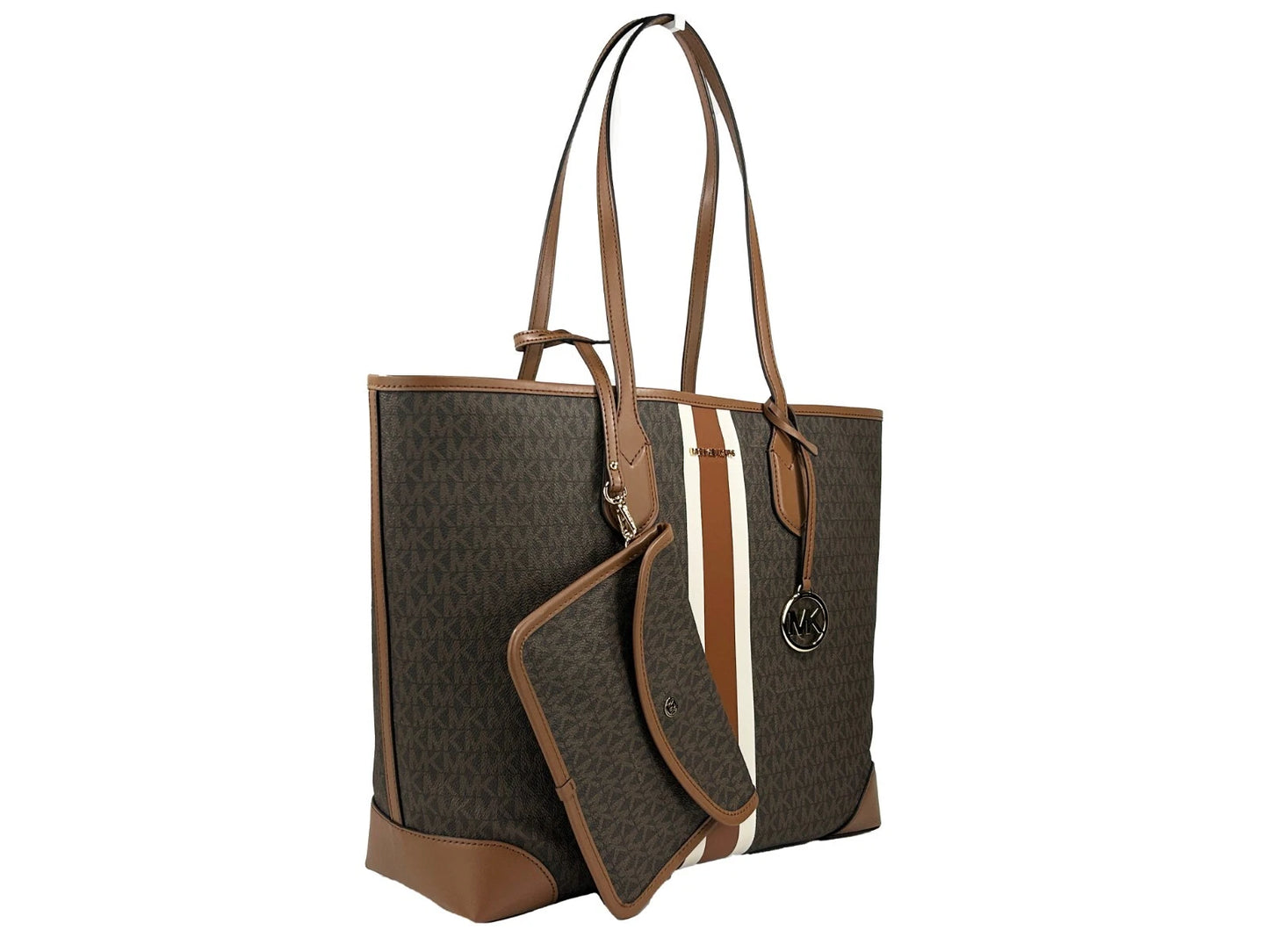 Michael Kors Eva Large Stripe Travel Tote Bag Plus Pouch Braun