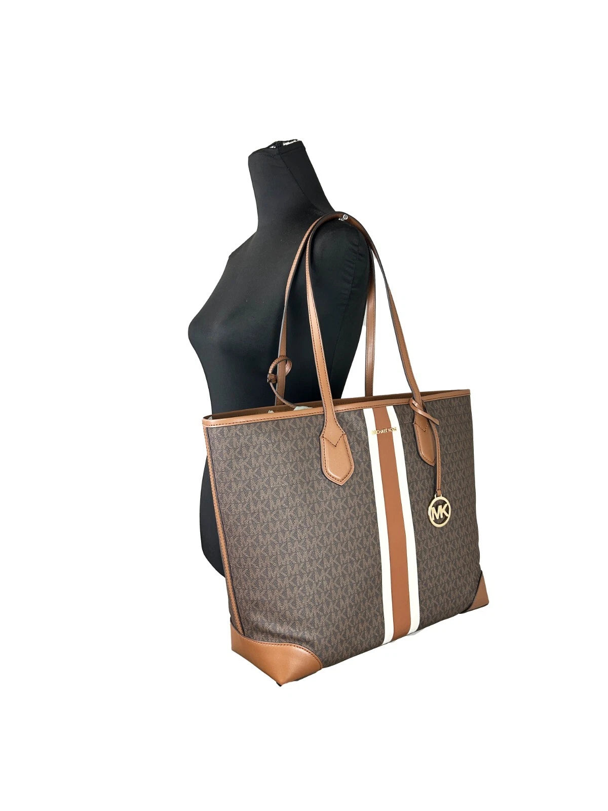 Michael Kors Eva Large Stripe Travel Tote Bag Plus Pouch Braun