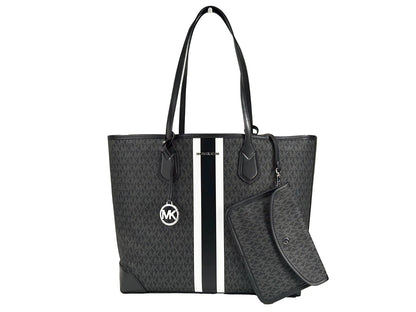Michael Kors Eva Large Stripe Travel Tote Bag Plus Pouch Schwarz