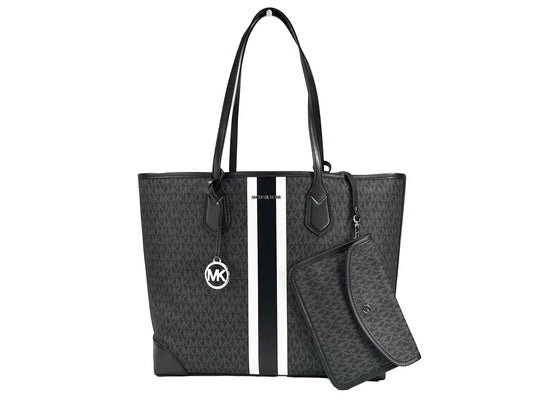 Michael Kors Eva Large Stripe Travel Tote Bag Plus Pouch Schwarz