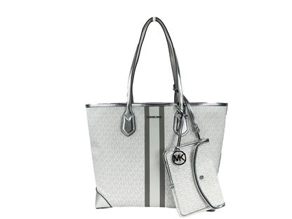 Michael Kors Eva Large Stripe Travel Tote Bag Plus Pouch Weiß